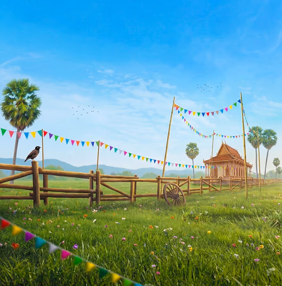 Cambodian Temple in Lush Field with Festive Bunting & Bird