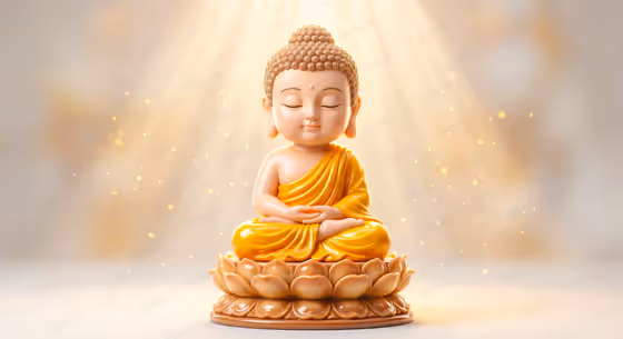 Cute Buddha Statue Meditating on Lotus 3D Render Gold Light