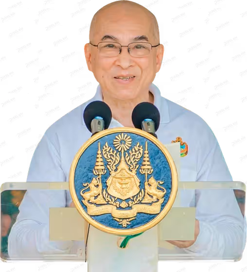 Smiling Asian Man Giving Speech with Official Royal Emblem