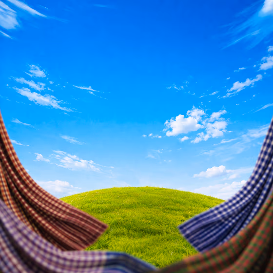 Khmer Krama Scarf Framing Green Hill and Blue Sky ក្រមា