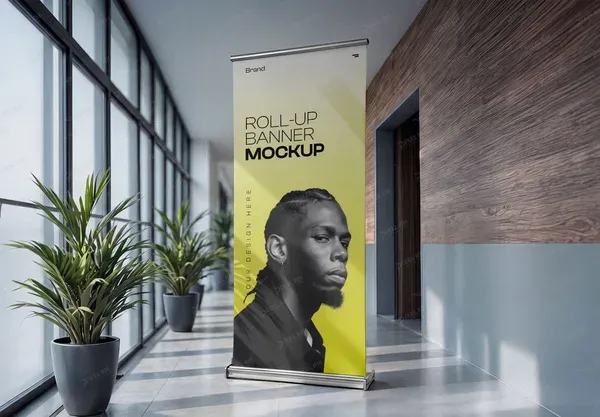 Roll-up Banner Mockup Modern Office Interior Realistic