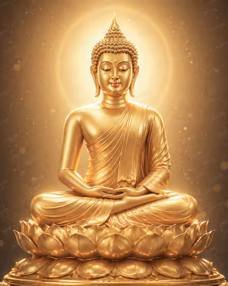Golden Buddha Statue Meditation with Glowing Aura