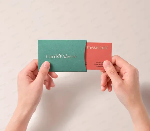 Top-Down Business Card Mockup Textured Sleeve Hands Branding