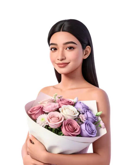 Beautiful Young Woman Holds Pastel Flower Bouquet