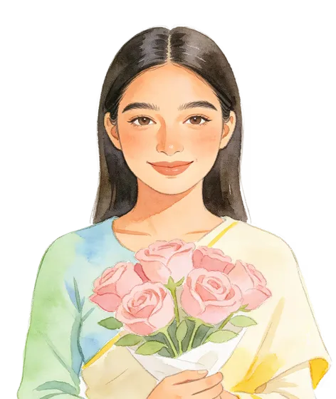 Smiling Young Woman Holding Pink Roses Watercolor