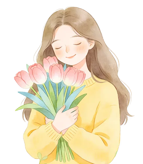 Happy Woman Holding Pink Tulips Watercolor