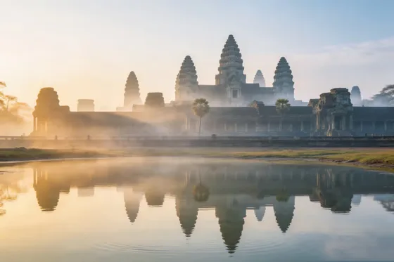 Angkor Wat Temple Misty Sunrise Reflection