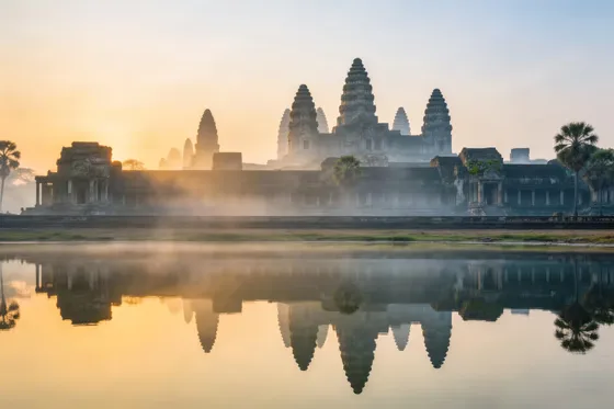Angkor Wat Temple Sunrise Mist Reflection Cambodia