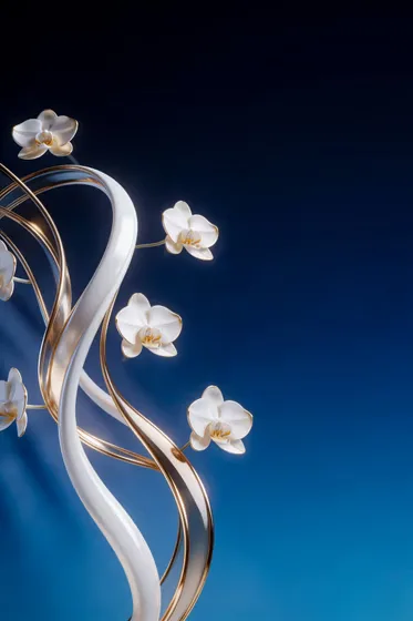 Elegant Gold White Orchids Blue Background