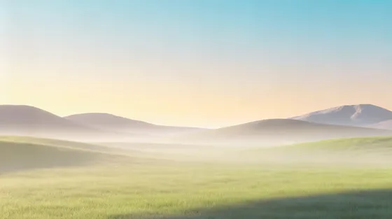 Ethereal Green Hills Misty Sunrise Landscape