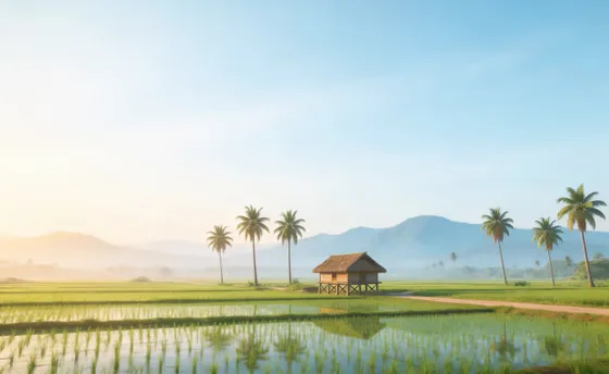 Serene Asian Rice Paddy Hut Landscape