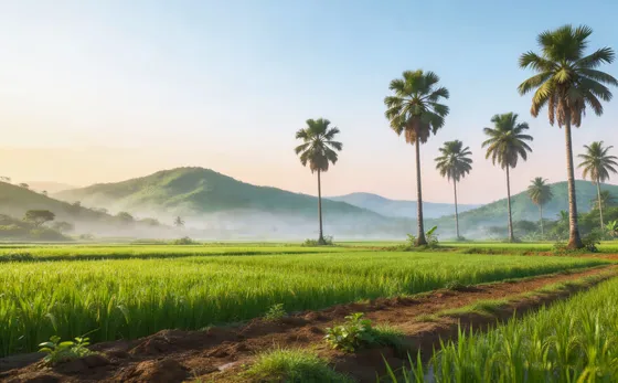 Misty Tropical Morning Green Rice Field