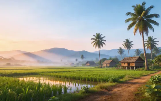 Serene sunrise over picturesque rice fields
