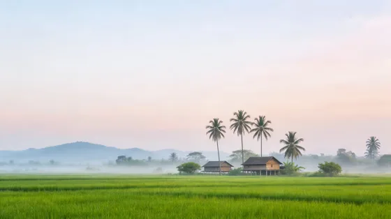 Misty Rice Field Village with Palm Trees
