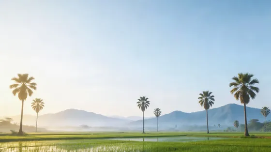 Misty Tropical Sunrise Over Green Rice Fields