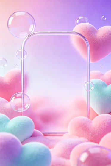 Romantic Pastel Frame with Fluffy Hearts