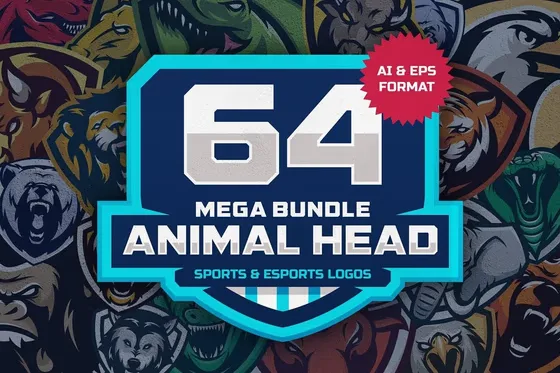 64 Animal Head Sports Mascot Designs Vector Set