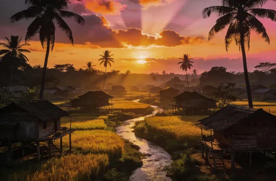 Golden Sunset over Serene Tropical Village