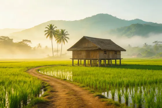 Traditional Hut in Misty Rice Fields