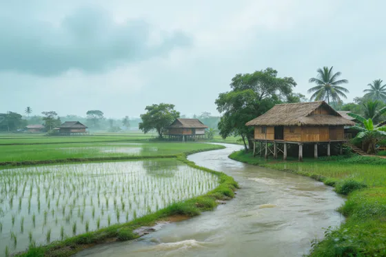 Rural Serenity Tropical River Rice Fields