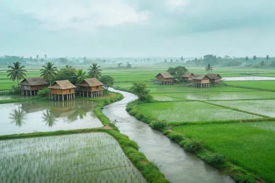 Lush Green Rice Paddies Rural Village