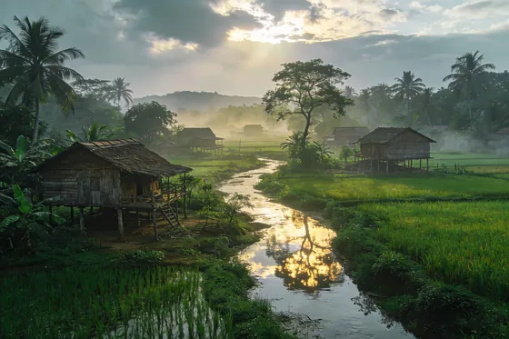 Misty Morning Sunrise over Tropical Village