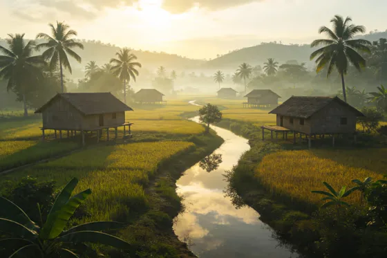 Misty Sunrise Over Traditional Rice Fields