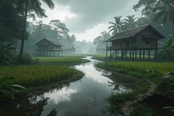 Stilt Huts in Rainy Tropical Landscape