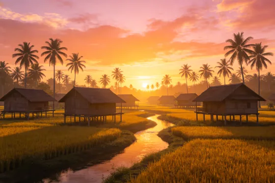Tropical Village Sunset Over Rice Paddies