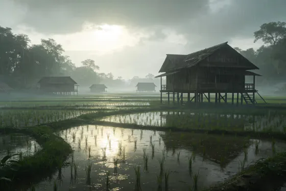 Sunlit Rain on Rural Rice Fields