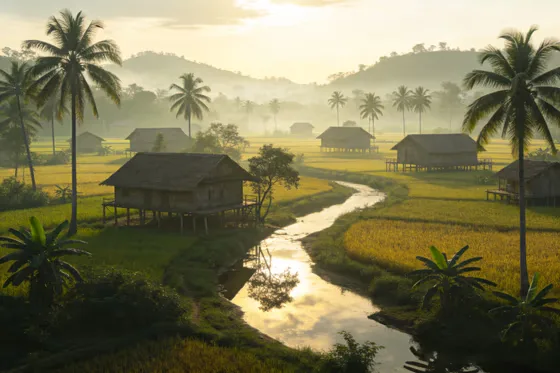 Misty Sunrise Over Traditional Rice Fields