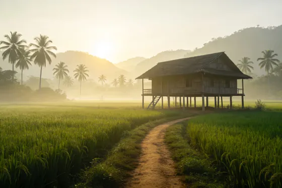 Serene Traditional House Morning Rice Fields