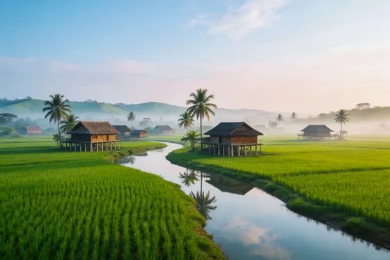 Serene Morning Rural Asian Landscape View