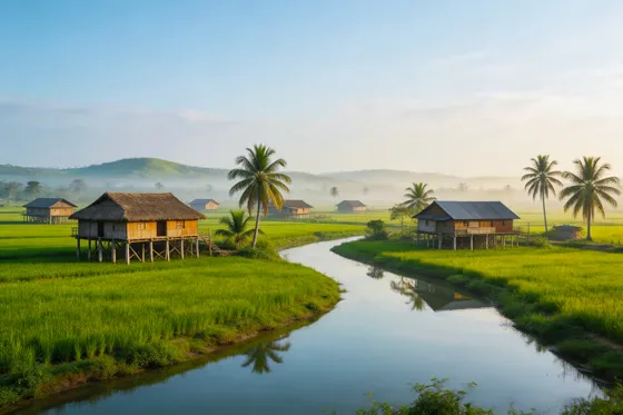 Tranquil Asian Village Rice Field Morning