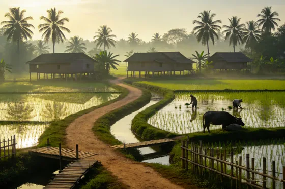 Farmers Planting Rice Paddy Rural Village Morning