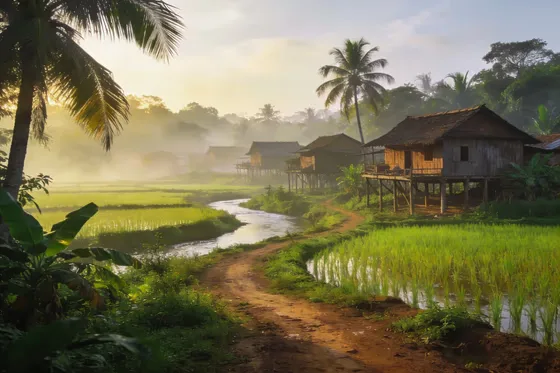 Misty Tropical Village Sunrise Rice Paddies