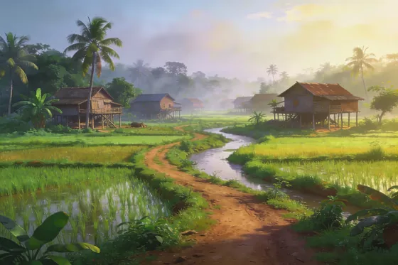 Serene Tropical Village Path Rice Fields