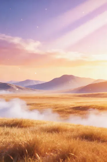 Peaceful Golden Grassland Mountains Ethereal Sunrise