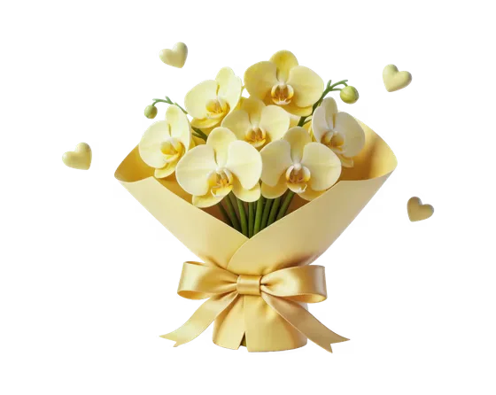 Beautiful Yellow Orchid Bouquet with Floating Hearts