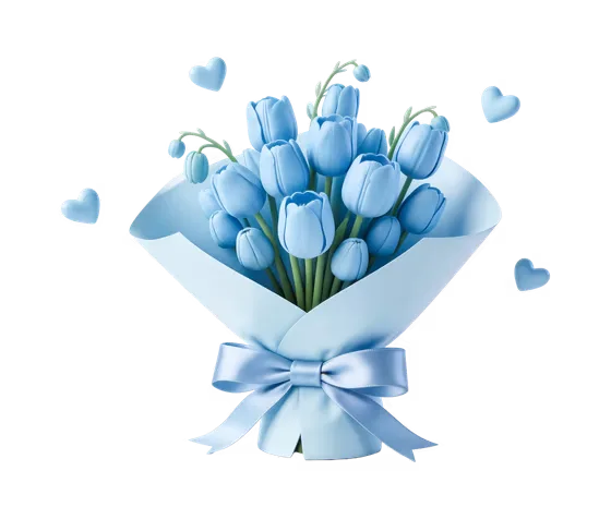 Romantic Blue Tulip Bouquet with Hearts