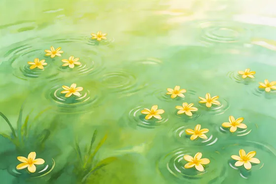 Delicate yellow flowers floating on serene green water with soft ripples, a peaceful watercolor nature scene.