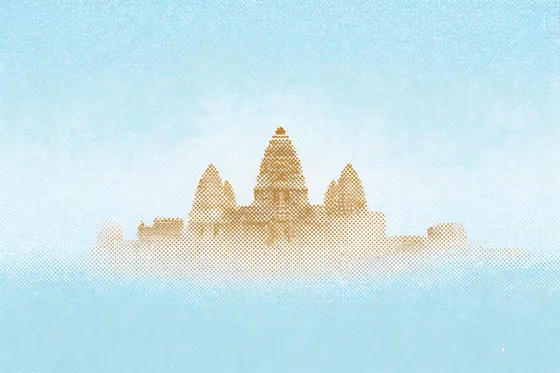 Minimalist Halftone Art of an Angkor Wat Temple Silhouette Against a Serene Light Blue Sky Background