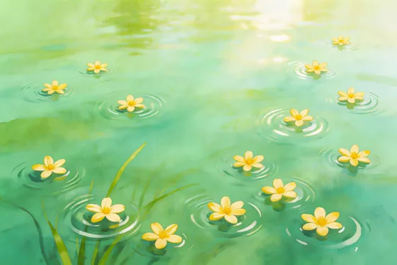 Peaceful Watercolor: Yellow Flowers Floating on Rippling Green Water with Sunlight Reflections and Gentle Reeds.