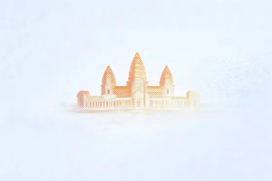 Angkor Wat temple, possibly Angkor Wat, in warm orange and yellow hues.