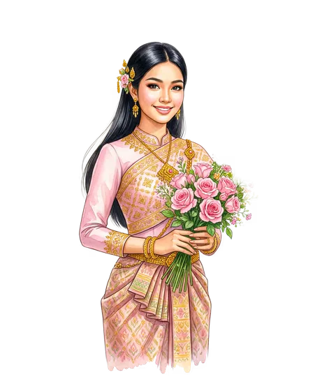 Smiling Woman Traditional Southeast Asian Attire Flowers