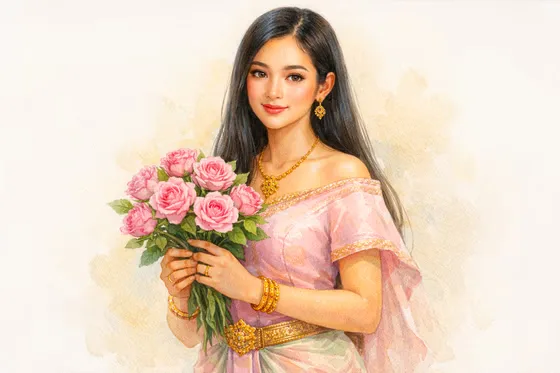 Elegant Woman Holding Pink Roses Painting