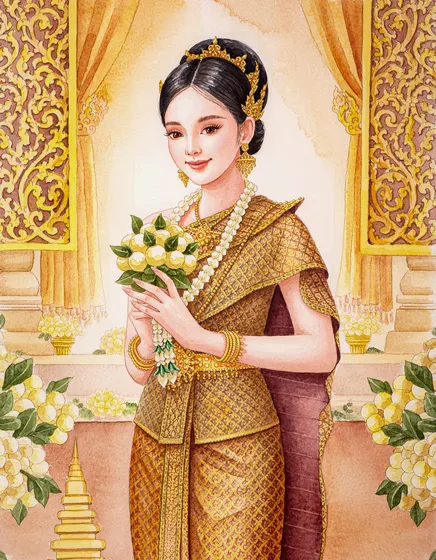Elegant Asian Woman Traditional Golden Attire