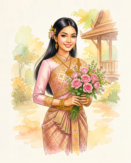 Graceful Cambodia Woman Adorned Traditional Attire Watercolor