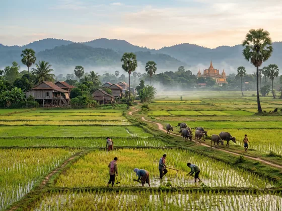 Misty Morning Rural Asian Rice Fields