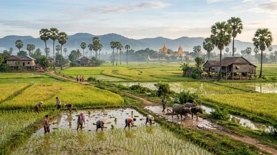 Morning Mist Rural Landscape Rice Cultivation